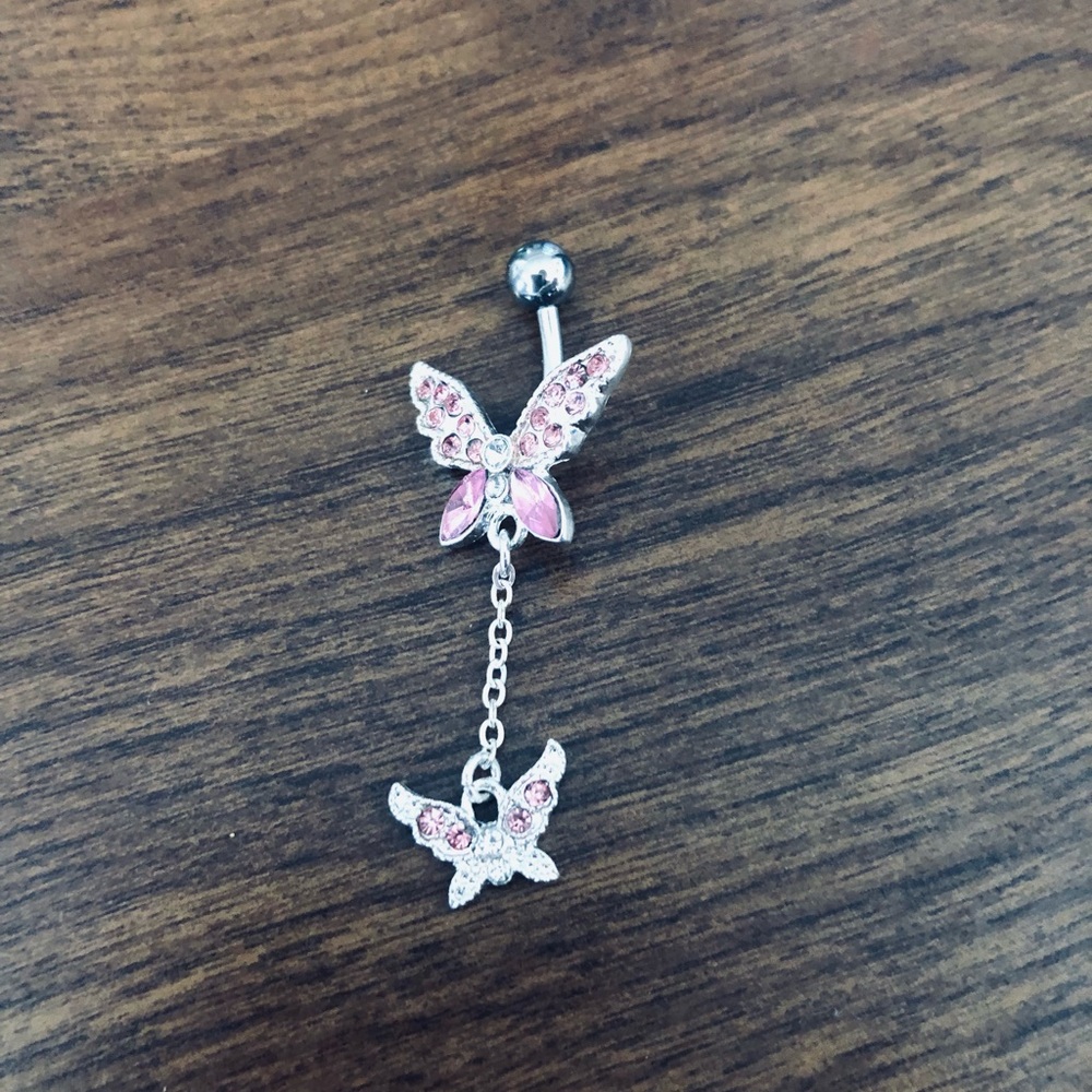 Pink Double-Tier Butterfly Belly Button Ring